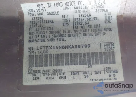 1992 Ford F150 from USA, damaged, VIN 1FTEX15N8NKA30709